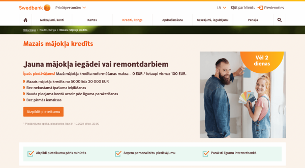 Swedbank - Mazais mājokļa kredīts līdz 20 000 €